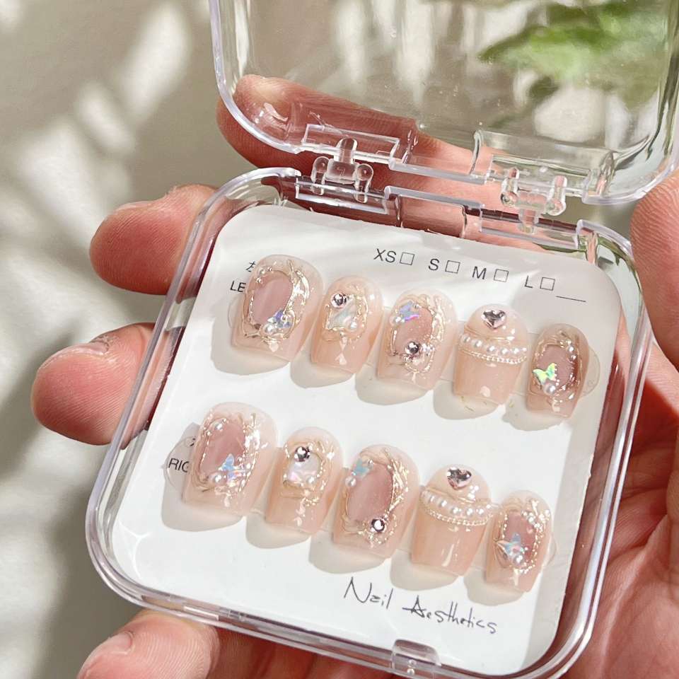 短短镜心湖 猫眼法式温柔裸色手工光疗穿戴美甲成品假指甲贴