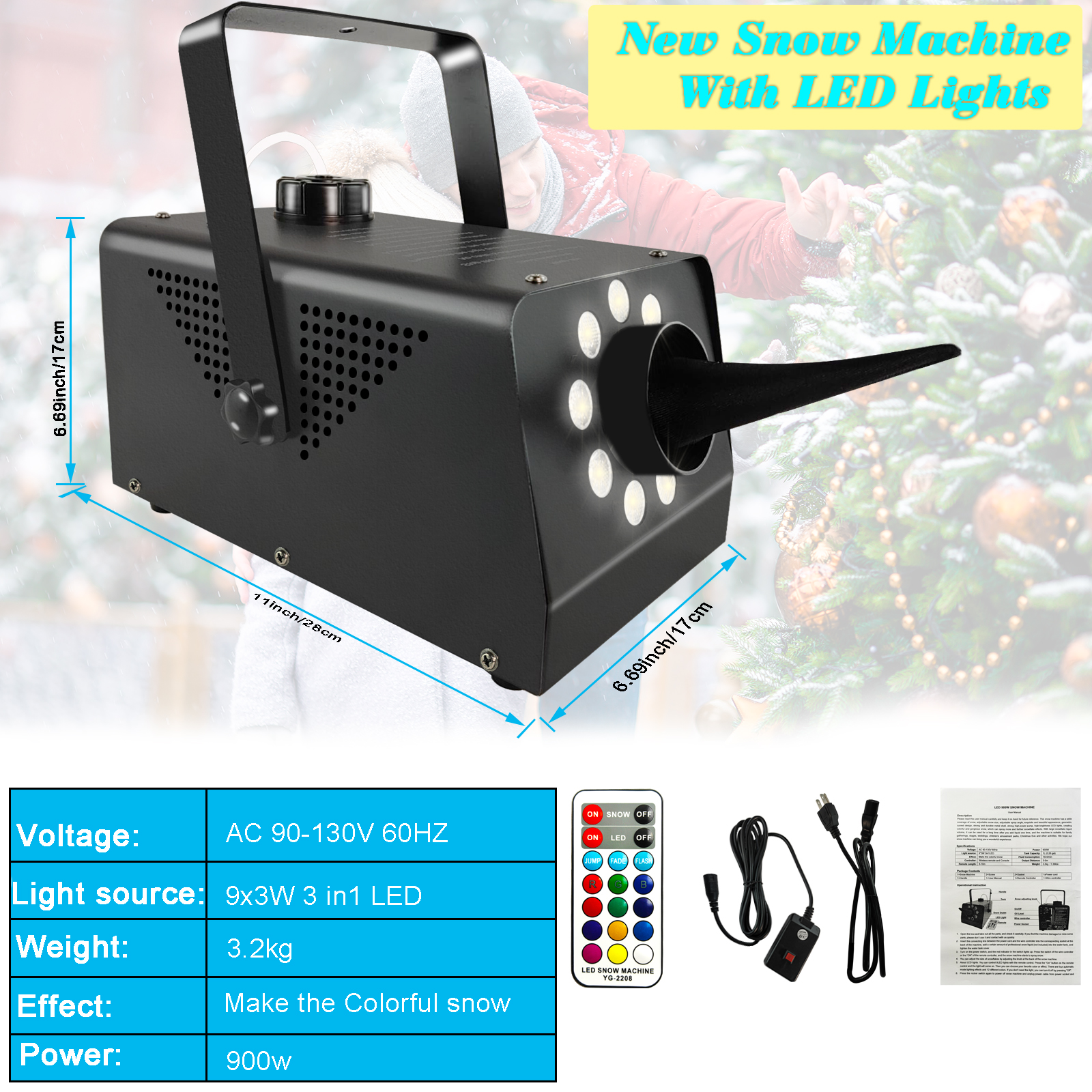 户外婚庆圣诞舞台专用雪花机带LED灯900W  派对聚会节日生日灯光小型便携仿真造雪机商用摄影氛围遥控特效喷雪机雪花设备产品图