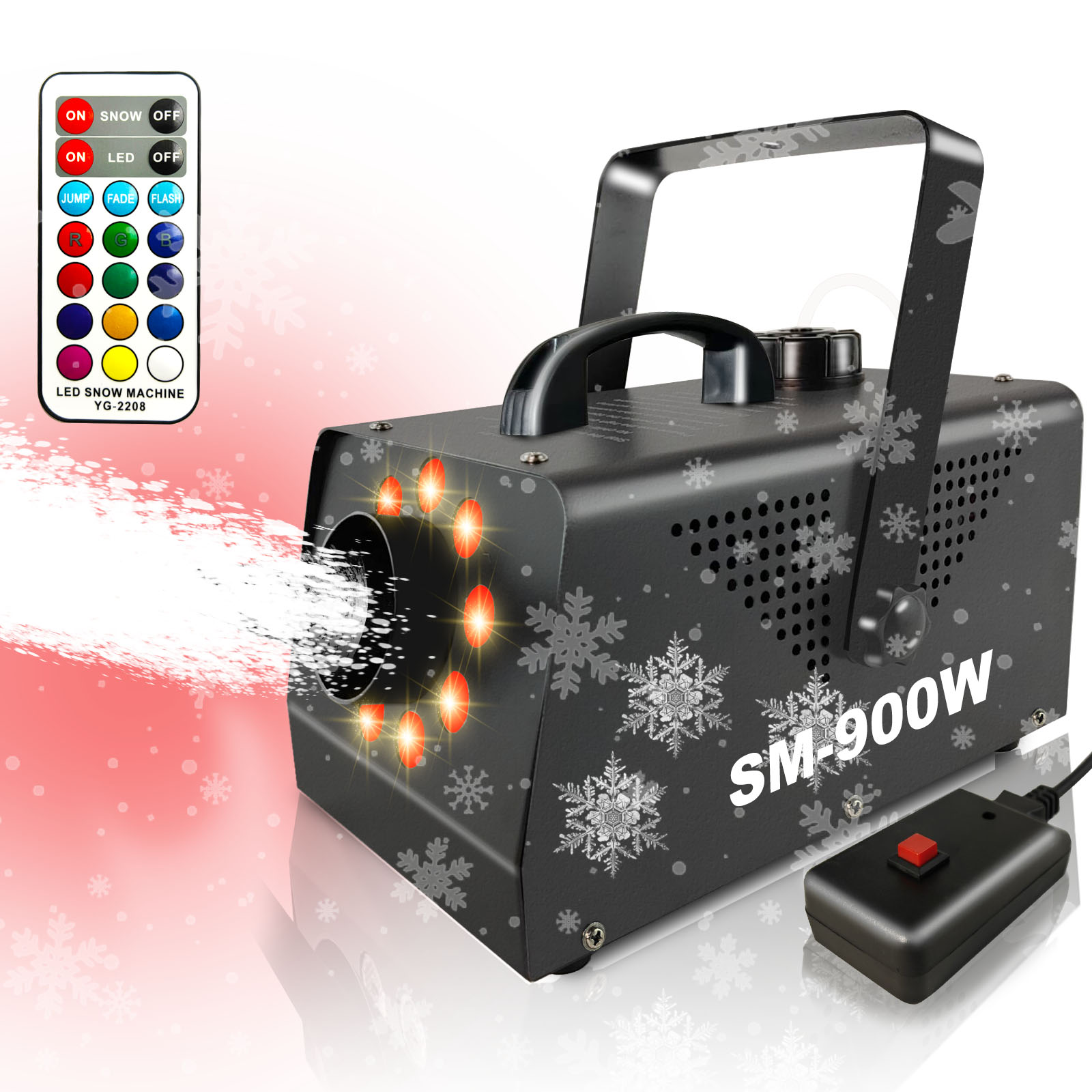 户外婚庆圣诞舞台专用雪花机带LED灯900W  派对聚会节日生日灯光小型便携仿真造雪机商用摄影氛围遥控特效喷雪机雪花设备图
