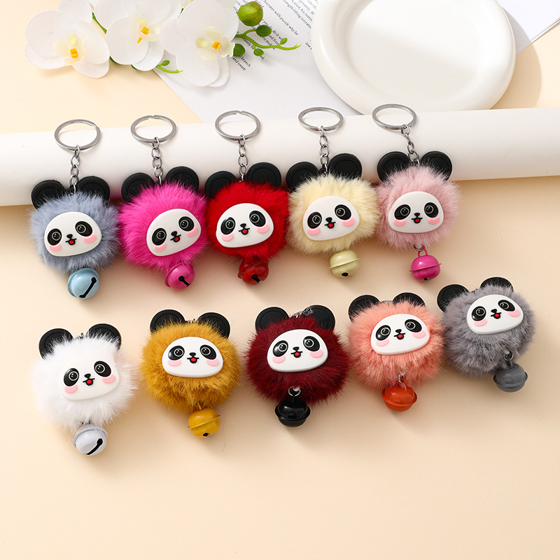 创意可爱小熊猫铃铛钥匙扣毛球包挂件仿水貂毛球车钥匙圈礼品批发挂件