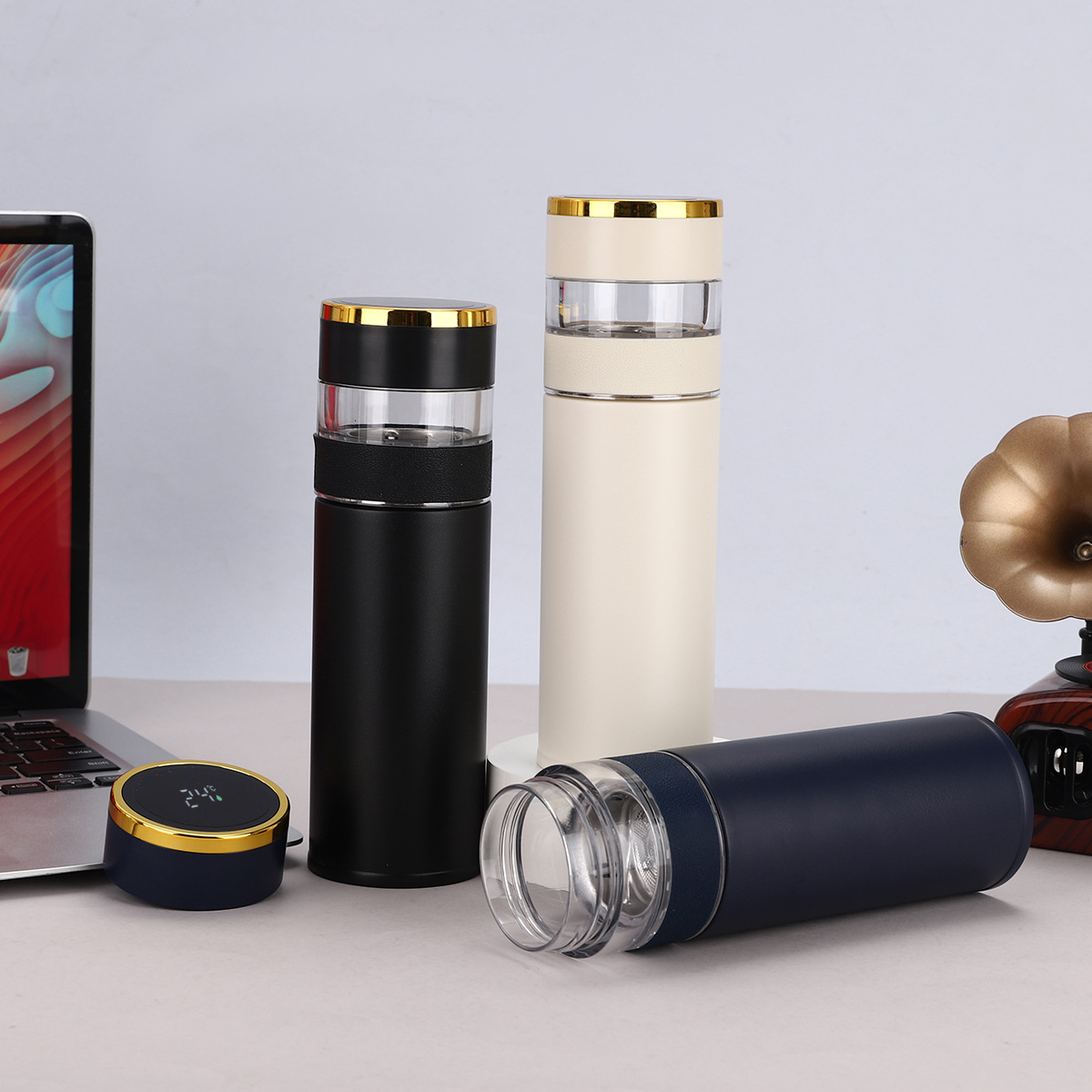 Temperature-displaying 304 stainless steel insulated cup, tea-water separation cup, tea brewing cup, business gift cup, car cup, digital display water cup details Picture