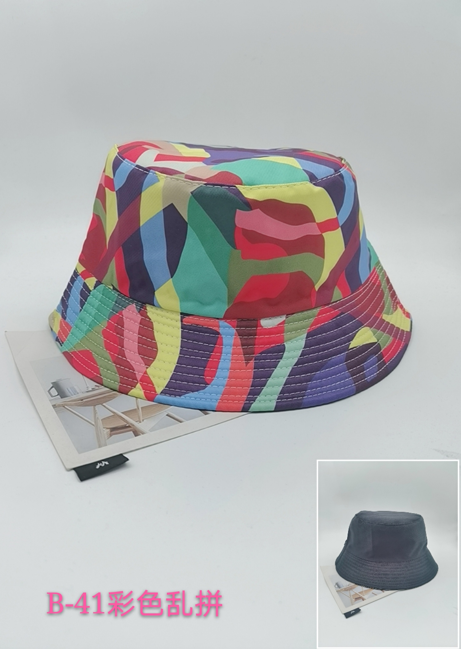 Spring and summer cross-border European and American bestsellers camouflage gradient graffiti double-sided fisherman hats for both men and women, fashionable and versatile outdoor sun protection and shade, cool and portable hats for adults Specification drawing