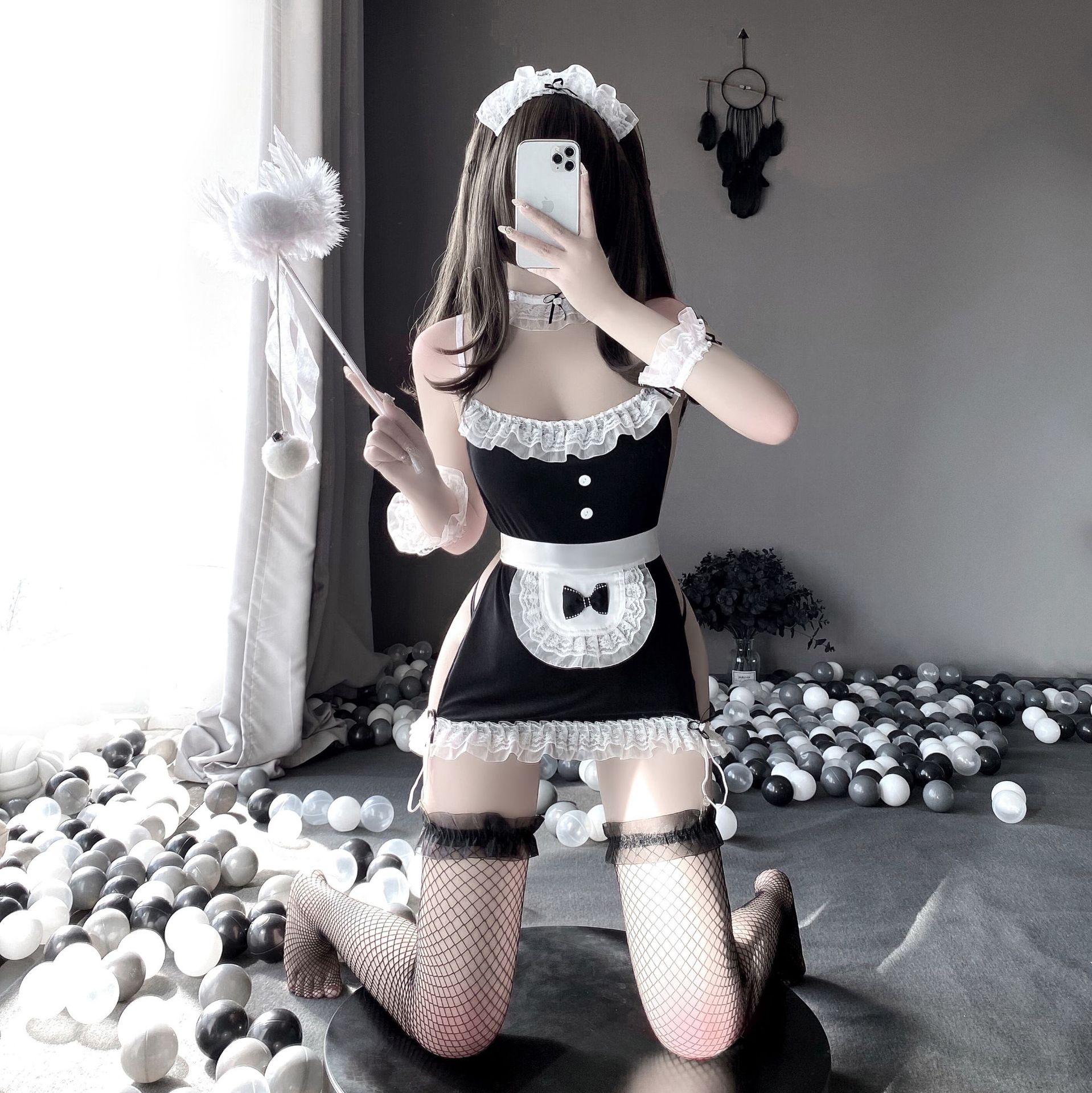 情趣内衣性感蕾丝花边绑带后背系带镂空女仆女佣制服套装详情6