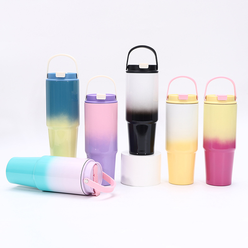 30oz Giant gradient hand-held ice cup, cute men and women straw car cup, vacuum insulated cup, water cup