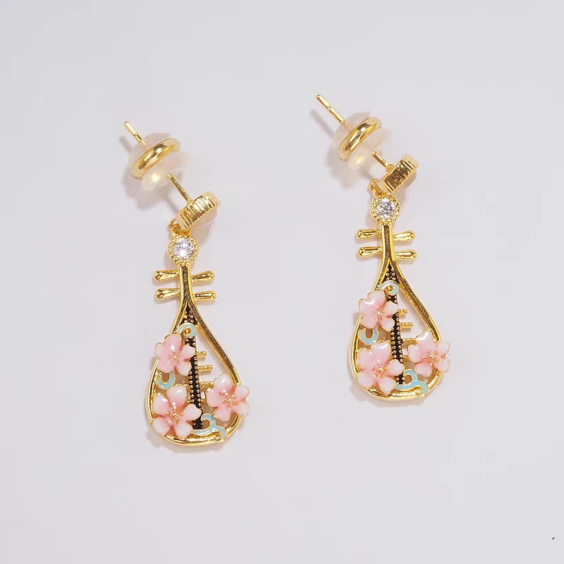 New Chinese-style colored flower pipa earrings, light luxury, niche, simple and individual earrings Specification image