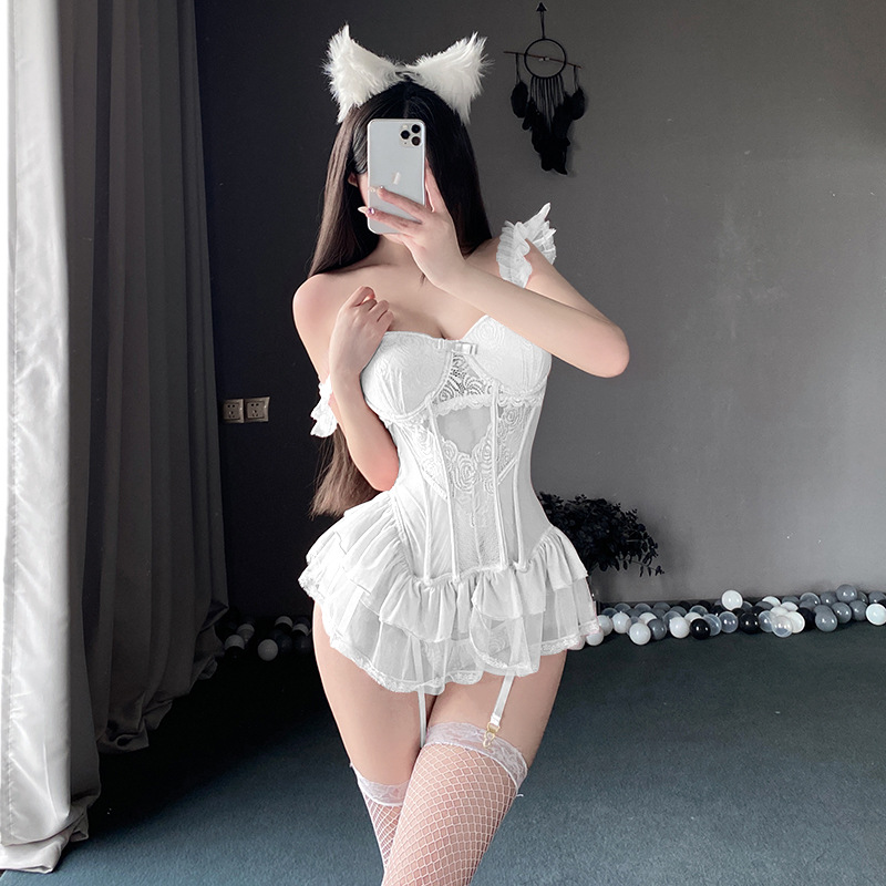 Sexy and romantic lingerie uniform, pure desire, hollowed-out mesh fabric, passionate no-take, small chest to show off, large sleeping dress set details Picture