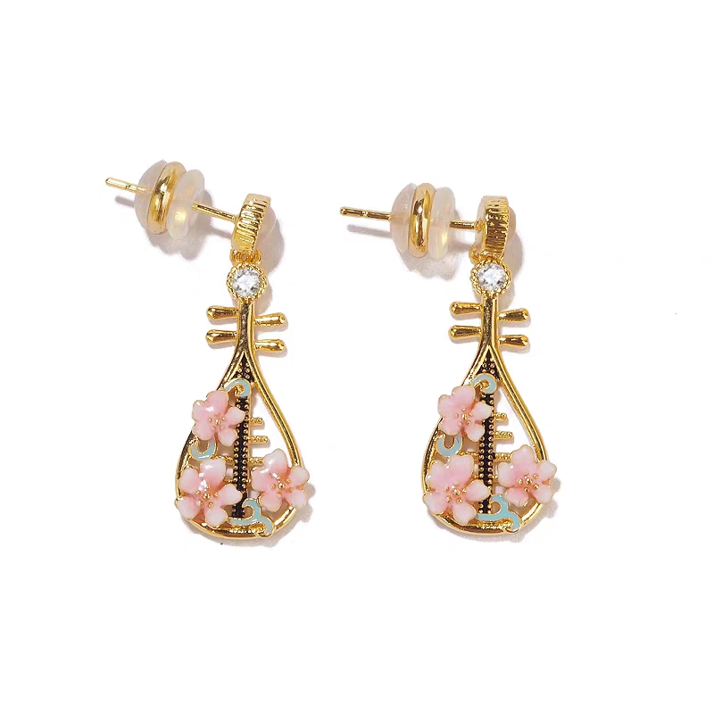 新中式彩色花朵琵琶耳环轻奢小众简约个性耳环