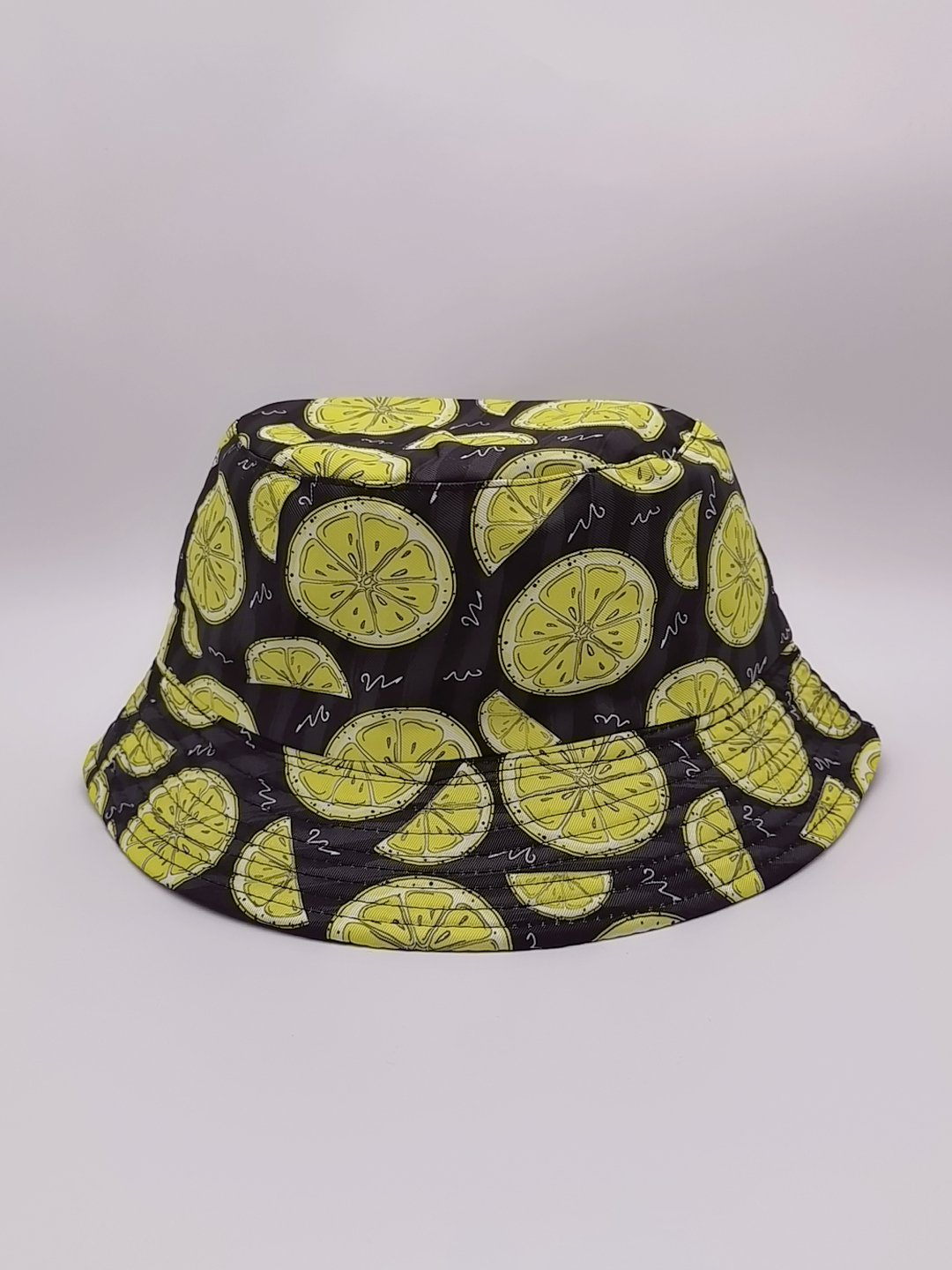Spring and summer cross-border bestsellers: Various fruit graffiti prints, double-sided fisherman hats for both men and women, fashionable and versatile, outdoor sun protection and shade, cool and portable hats, adult styles Specification drawing