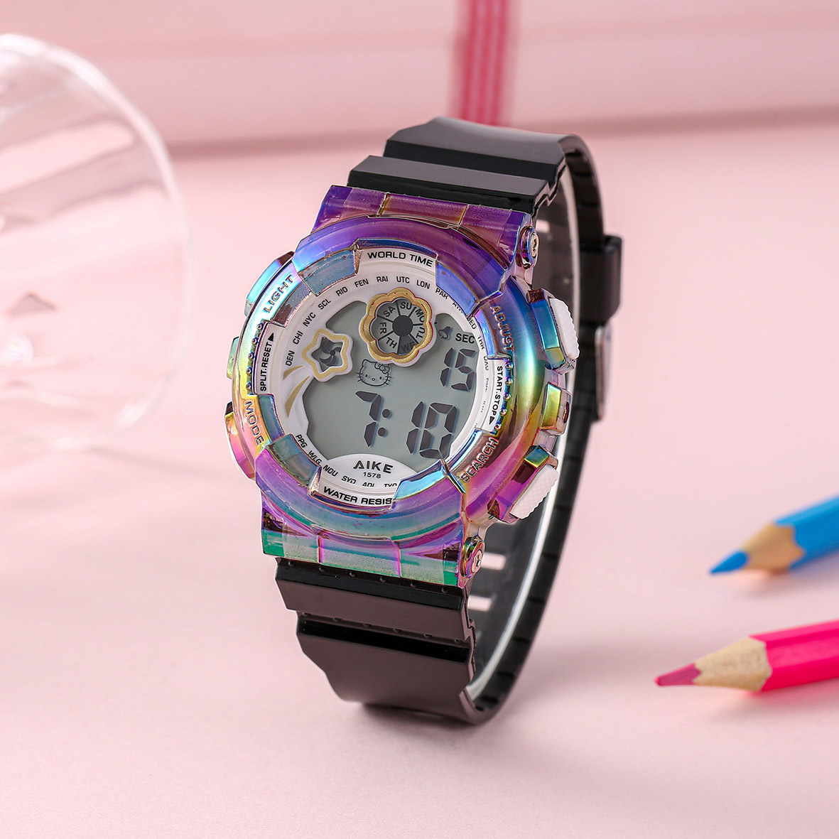 Watch manufacturer's electronic watch 1578 transparent seven-color plated with deep water resistance, fashionable and trendy classic design, couple clothing accessory watch
