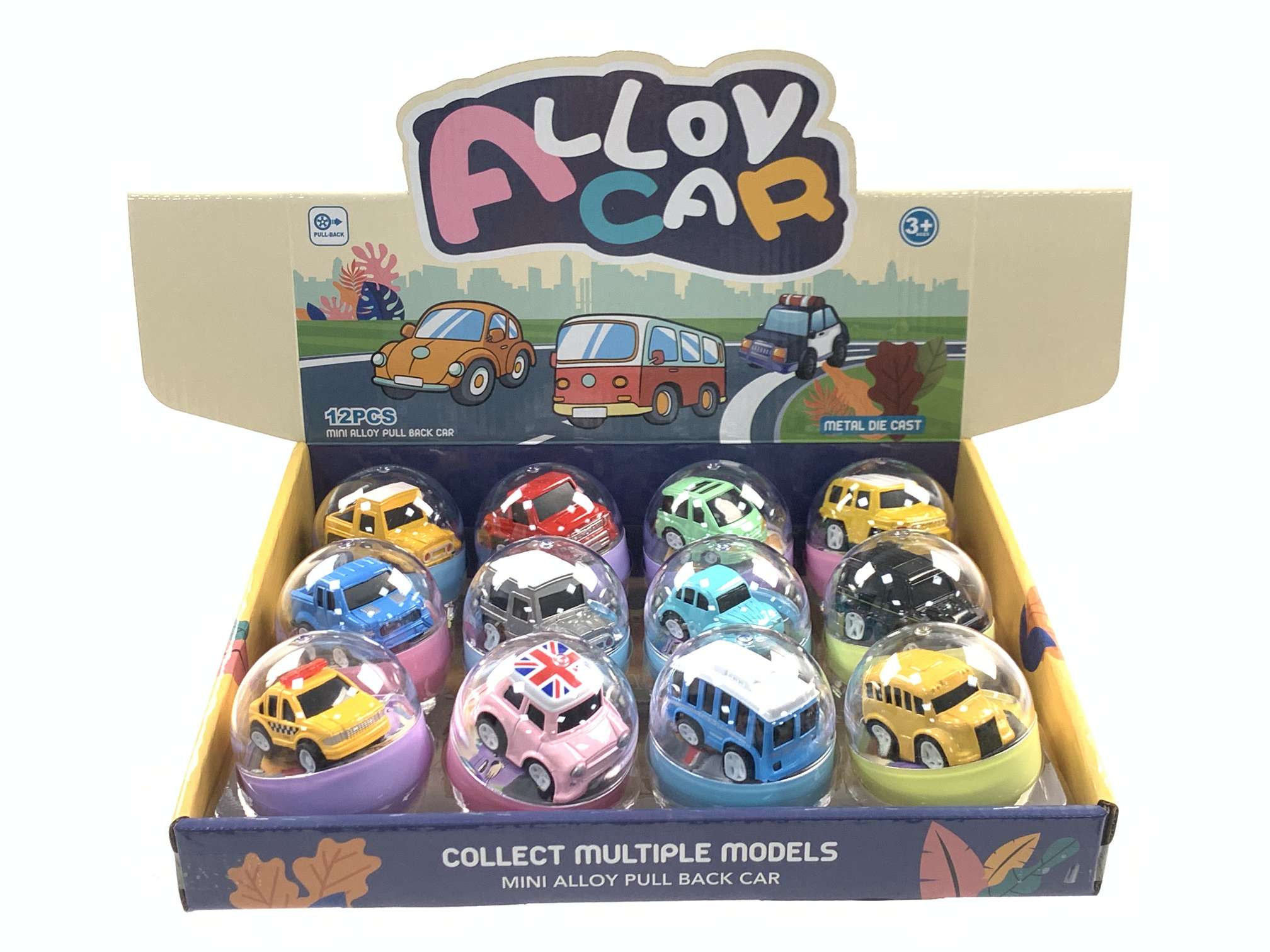Q-style twisted eggshell display box, cartoon alloy car, MINi school bus, bus, pickup truck, off-road vehicle, 12 alloy cars, children's educational model toys, fun assembly, creative handmade toys, multiple options for boys Application Scenario