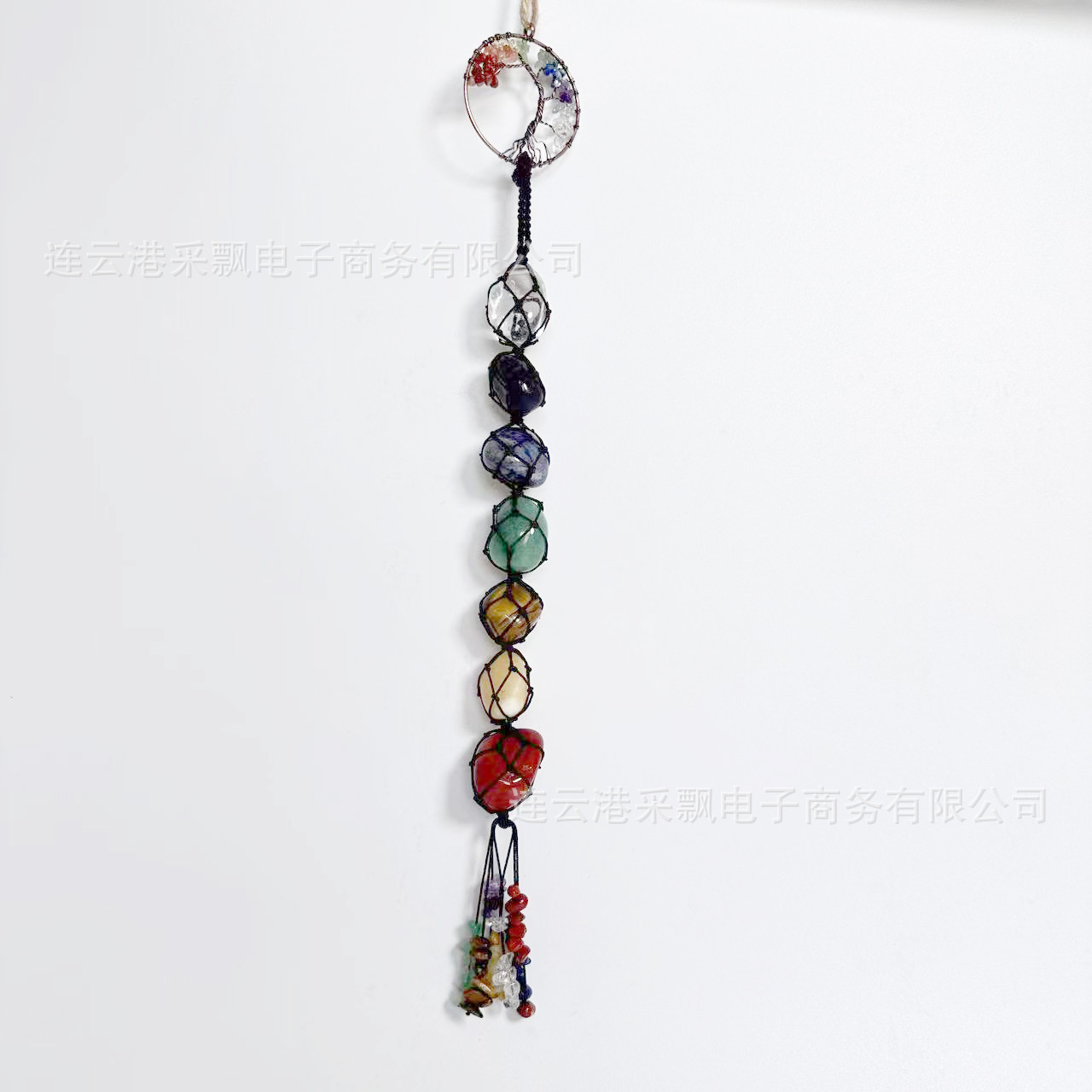 跨境ins天然彩色石七色水晶原石手工编织挂件天然石生命树车挂 