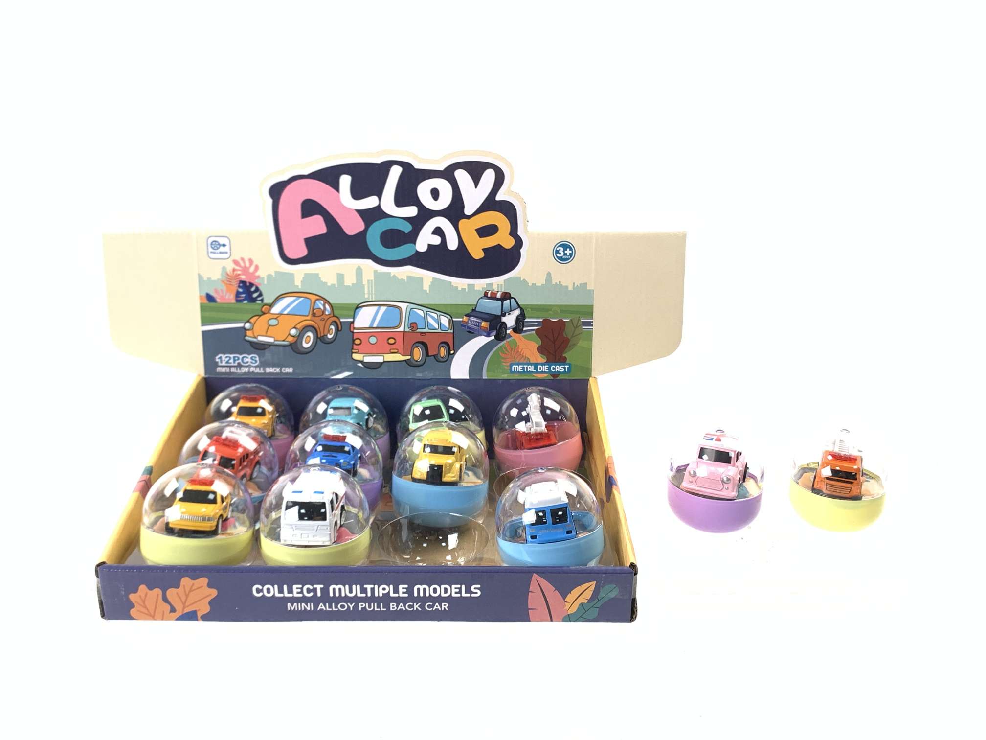 Q-style twisted eggshell display box, cartoon alloy car, MINi school bus, bus, pickup truck, off-road vehicle, 12 alloy cars, children's educational model toys, fun assembly, creative handmade toys, multiple options for boys details Picture