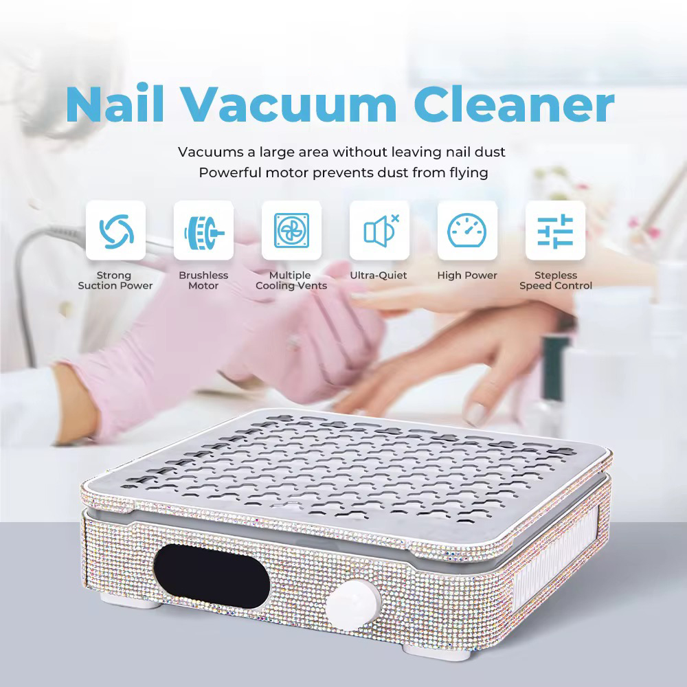 New diamond-encrusted battery-powered nail vacuum cleaner for collecting and polishing nail dust, with a high power output of 48W and long battery life full figure