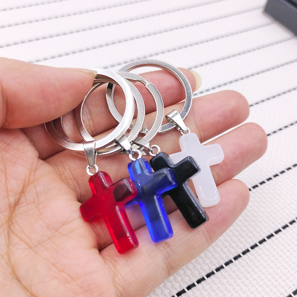 跨境热卖天然石钥匙扣批发十字架钥匙扣外贸地摊货源批发吊坠 