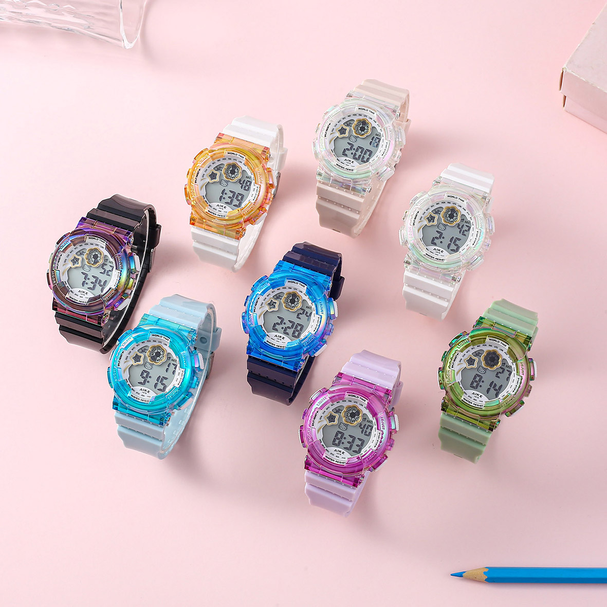 Watch manufacturer's electronic watch 1578 transparent seven-color plated with deep water resistance, fashionable and trendy classic design, couple clothing accessory watch details Picture