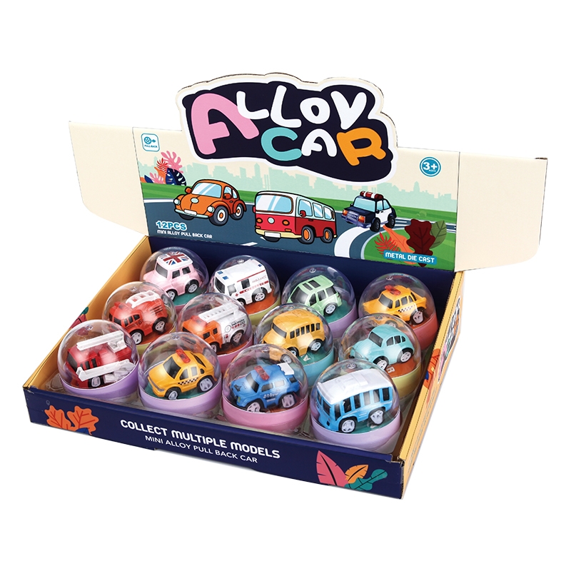 Q-style twisted eggshell display box, cartoon alloy car, MINi school bus, bus, pickup truck, off-road vehicle, 12 alloy cars, children's educational model toys, fun assembly, creative handmade toys, multiple options for boys Specification image