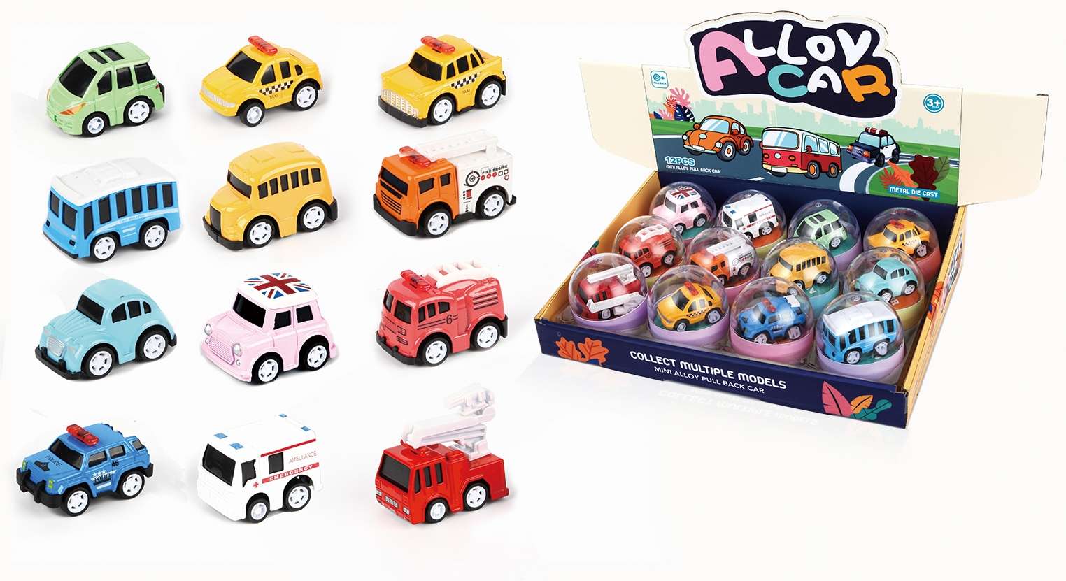 Q-style twisted eggshell display box, cartoon alloy car, MINi school bus, bus, pickup truck, off-road vehicle, 12 alloy cars, children's educational model toys, fun assembly, creative handmade toys, multiple options for boys