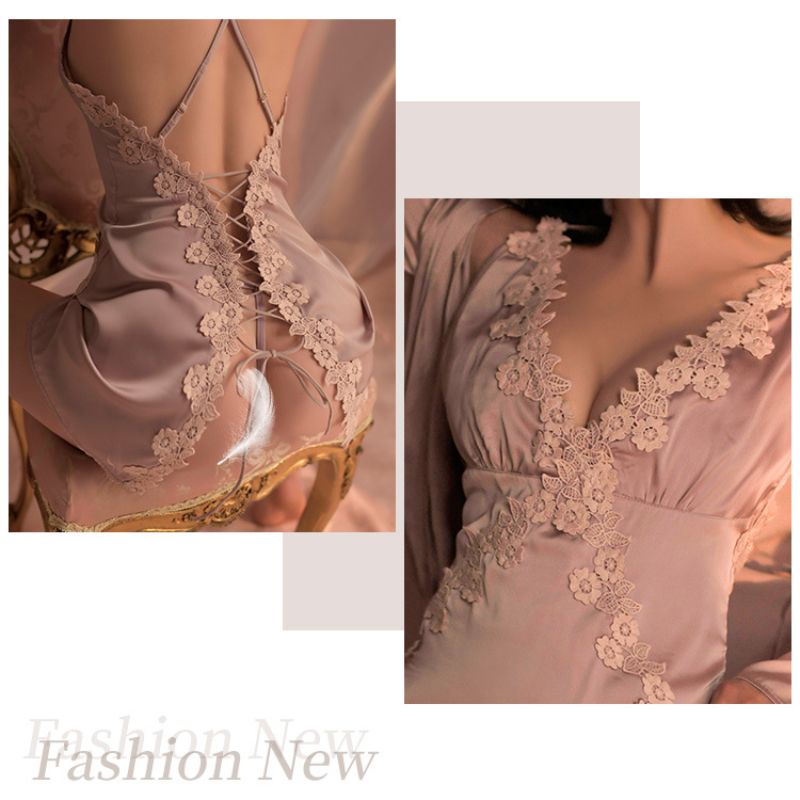 Lightweight and romantic lingerie, sexy water-soluble floral lace halter and cross-tied backless nightgown Item Picture
