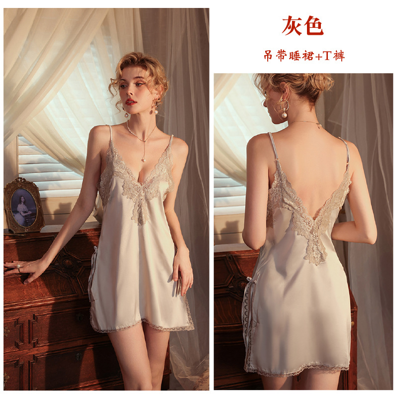 Pajama girl ice silk lace halter nightgown, red romantic and sexy home wear, pure and sensual French style, hot and fiery Application Scenario