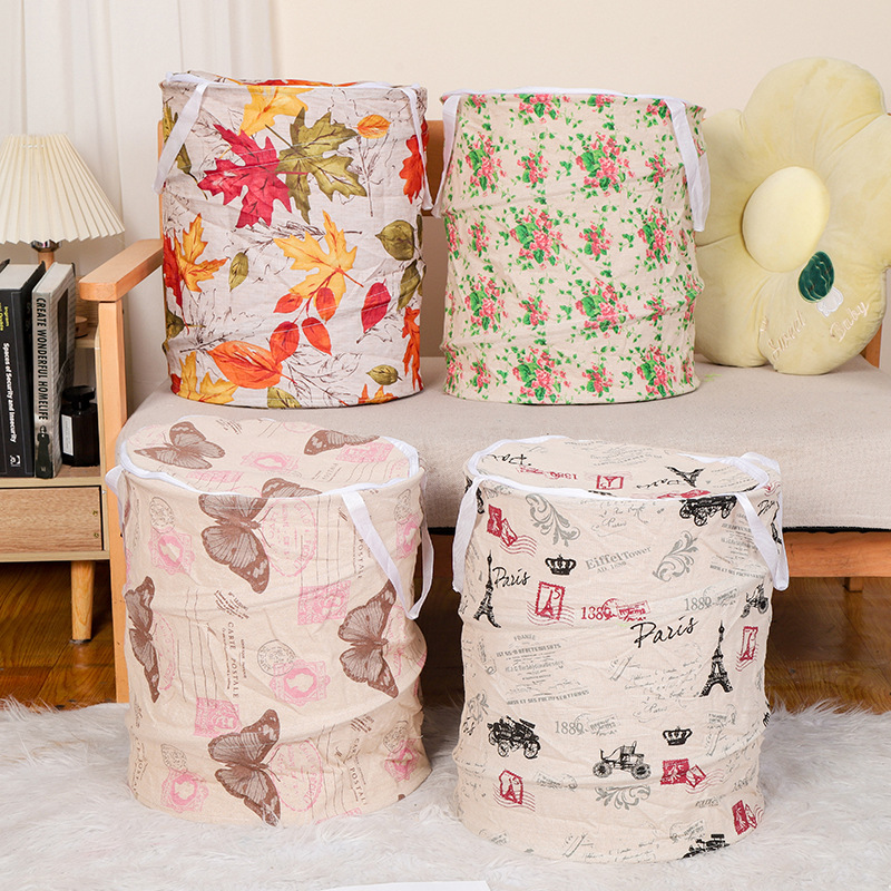 碎花棉麻布艺收纳桶 居家储物可折叠脏衣篮 带盖大容量 现货批发