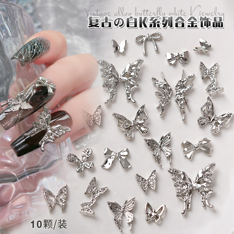 Factory direct sales of silver butterfly nail art accessories, light luxury three-dimensional bow, large metal butterfly wings, nail diamond jewelry, Internet celebrity bestsellers Specification image
