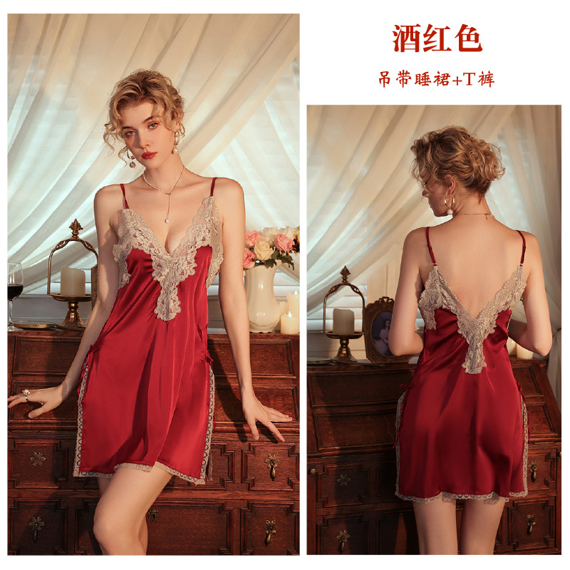 Pajama girl ice silk lace halter nightgown, red romantic and sexy home wear, pure and sensual French style, hot and fiery Item Picture