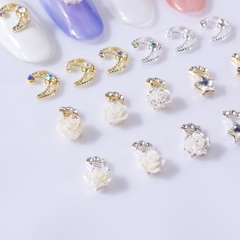 Factory direct sales of nail art star and moon accessories, crescent moon white nail art accessories, alloy nail art decorations, Japanese style and simple style Application Scenario