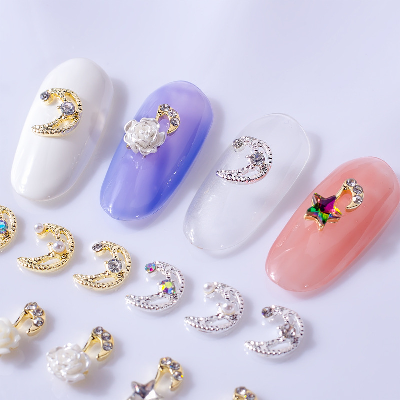 Factory direct sales of nail art star and moon accessories, crescent moon white nail art accessories, alloy nail art decorations, Japanese style and simple style Specification image