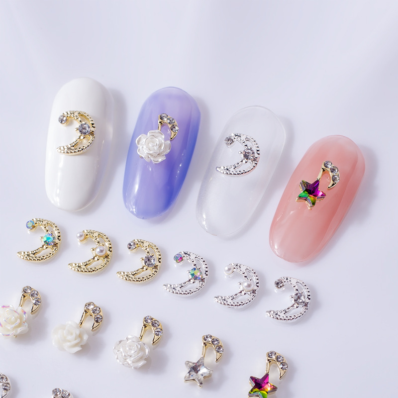 Factory direct sales of nail art star and moon accessories, crescent moon white nail art accessories, alloy nail art decorations, Japanese style and simple style Item Picture