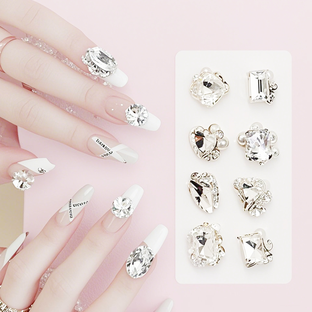 Factory direct sales of nail art diamond jewelry, pile diamond nail art jewelry, sparkling white pearl pillow, square crystal pile diamond nail art diamond jewelry