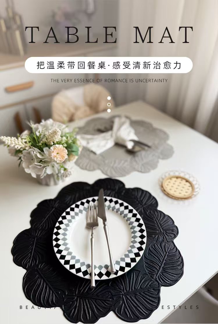 厚皮压印ins风龟背叶皮革餐垫 创意西餐隔热垫婚庆节日圣诞防水油压花盘垫 详情2