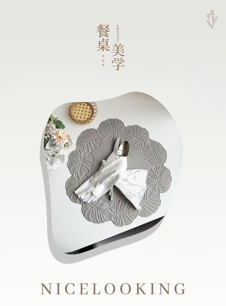 厚皮压印ins风龟背叶皮革餐垫 创意西餐隔热垫婚庆节日圣诞防水油压花盘垫 详情3