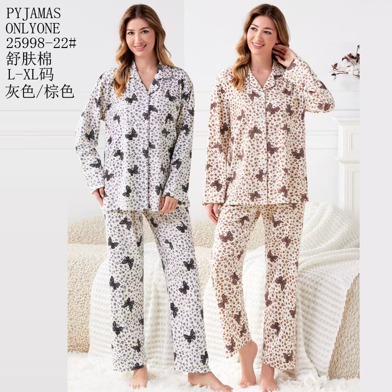 女士家居服睡衣外销仿棉舒适PYJAMAS春秋款女款开衫长袖长裤反领套装双长套头外贸家居服冬季睡衣销售欧美中东批发详情2