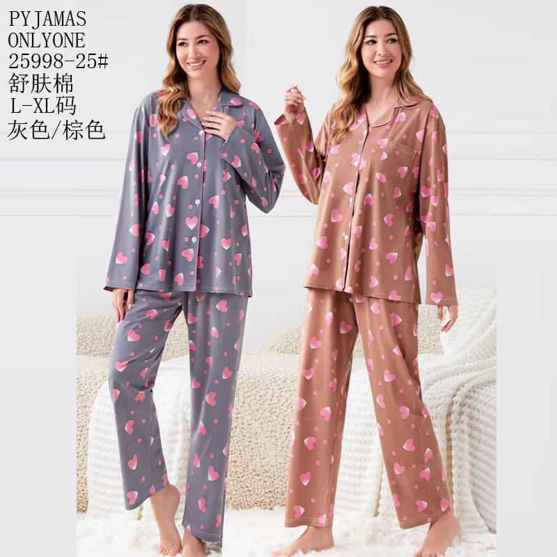女士家居服睡衣外销仿棉舒适PYJAMAS春秋款女款开衫长袖长裤反领套装双长套头外贸家居服冬季睡衣销售欧美中东批发详情5