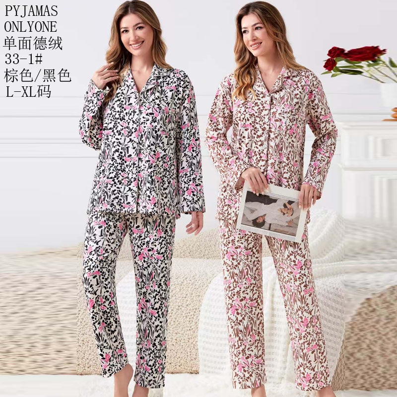 女士家居服睡衣外销德绒舒适PYJAMAS春秋款女款开衫长袖长裤反领套装双长套头外贸家居服冬季睡衣销售欧美中东批发详情1