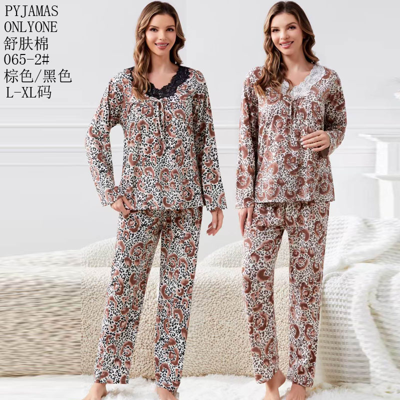 Women's home wear and pajamas for export, cotton-like comfort PYJAMAS spring and autumn style, women's long-sleeved and long-pants sets, double length, export home wear and winter pajamas for wholesale to Europe, America and the Middle East details Picture