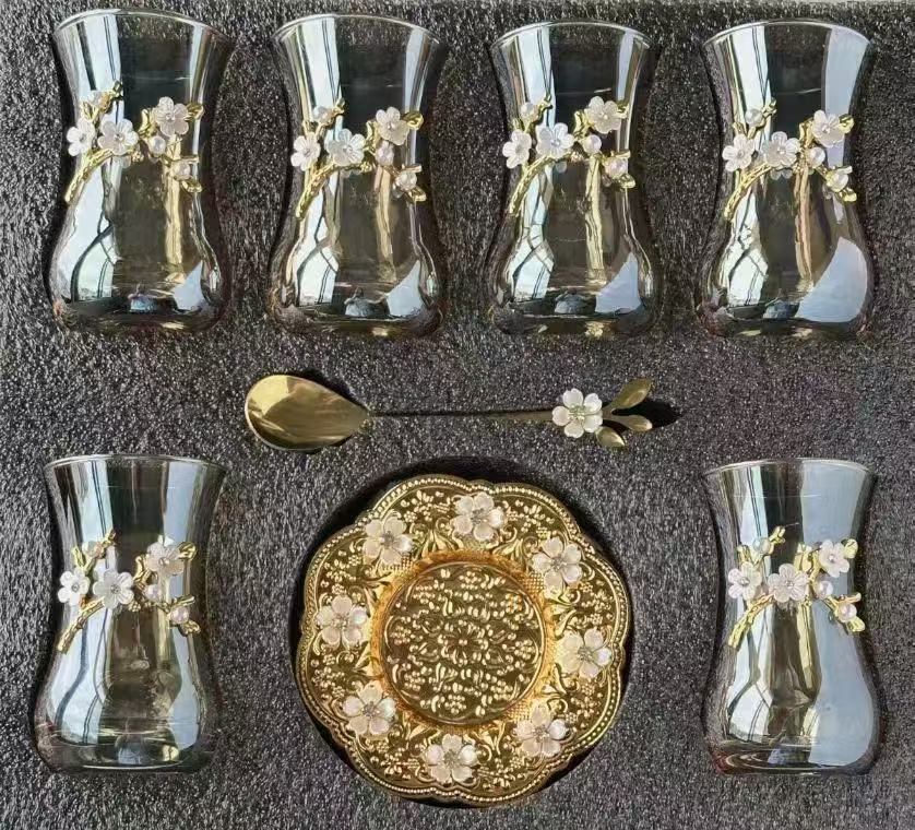 新款土耳其红茶杯 轻奢玻璃杯高档咖啡杯 家用杯碟 杯碟套装珐琅工艺咖啡杯 设计感玻璃杯 精美礼盒 茶具套装