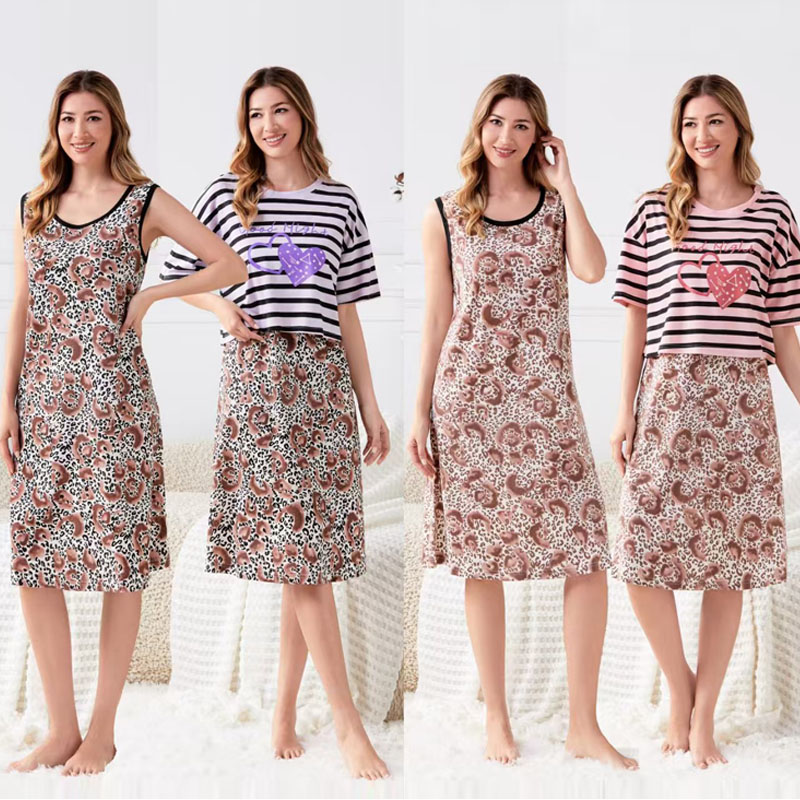 Women's home wear, pajamas, skirts for export, cotton-like comfort, PYJAMAS, spring and autumn, women's cardigans, short-sleeved shirts, long pants, reverse collar sets, double long three-piece sets, winter pajamas for export, wholesale to Europe, America and the Middle East Application Scenario