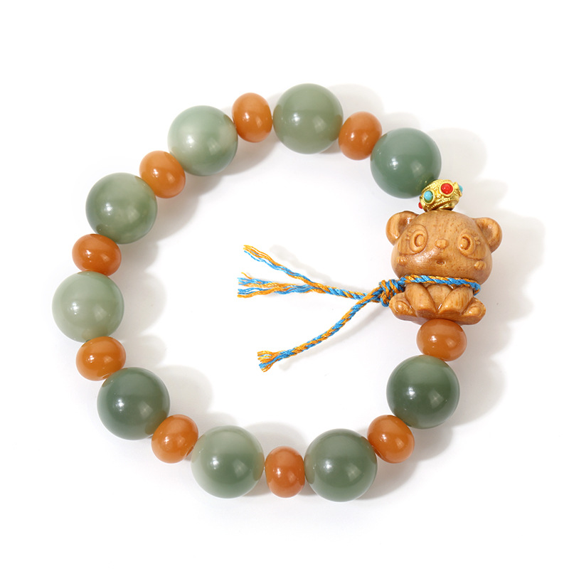 步步生莲白玉菩提手串檀木熊猫佛珠手链单圈盘文玩手饰