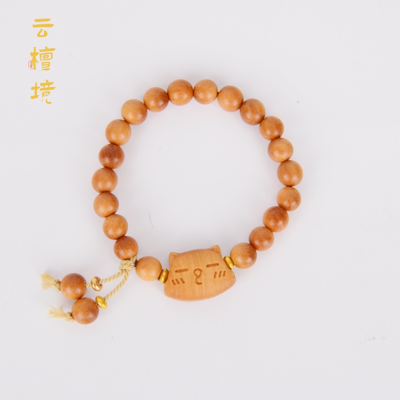 Sandalwood bracelet and string, cute and playful girl, bell fox cartoon, wooden beads, plate and accessory, prayer beads bracelet