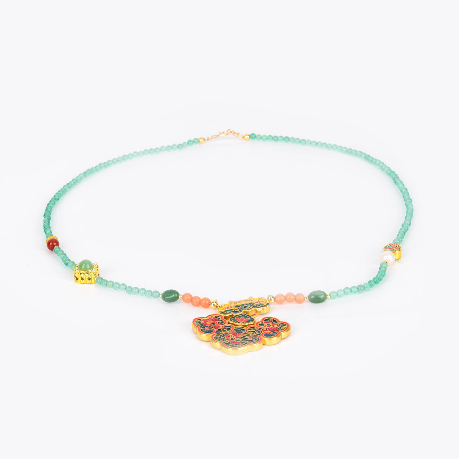 A niche and elegant agate jade pendant with blue oil drip and copper plated with K gold, a classical and luxurious pearl necklace, and a pendant for women in Hanfu and cheongsam pic 1