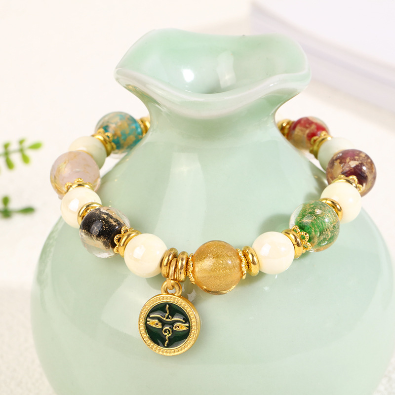 Imperial style Five-path God of Wealth incense ash glass multi-jewel bead bracelet, national trend retro gold foil bead Devin-sucking beast bracelet and jewelry Specification image