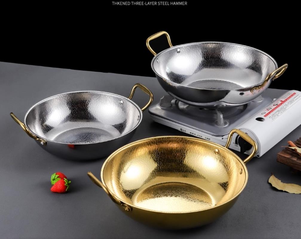 加厚不锈钢双耳干锅龙虾盆锤纹锅仔金色海鲜锅火锅电磁炉通用