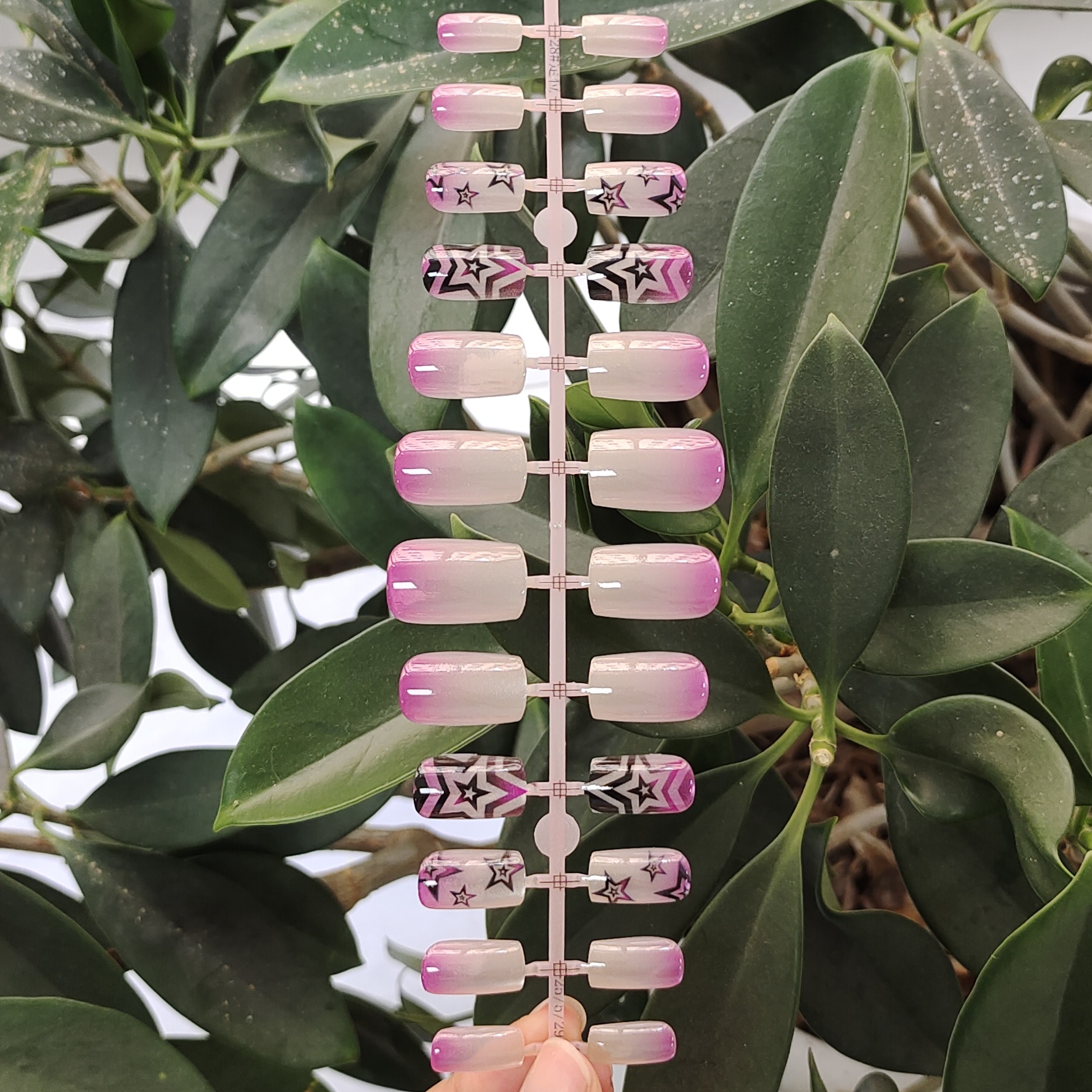 24 PCS PRESS ON NAIL TIPS MEDIUM SQUARE SHAPE NAIL TIPS WITH STAR PATTERN AND CAT EYE STYLE full figure