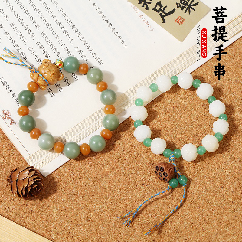 "Step by step, Lotus blooms. White jade Bodhi bracelet, Sandalwood panda Buddhist prayer beads bracelet, single-loop plate, cultural and artistic jewelry. details Picture