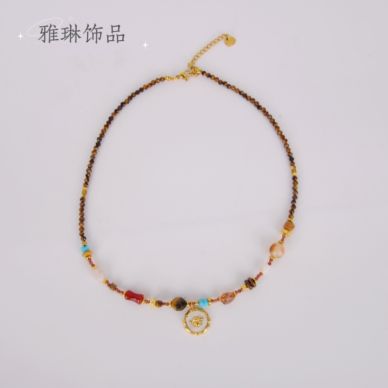 美拉德复古太阳花串珠项链高级感轻奢小众锁骨链民族风叠戴卫衣链