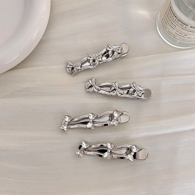 Spicy girl style silver metal hair clip, sweet and cool water diamond 2024 new bow, niche side clip, side bangs hair clip thumbnail