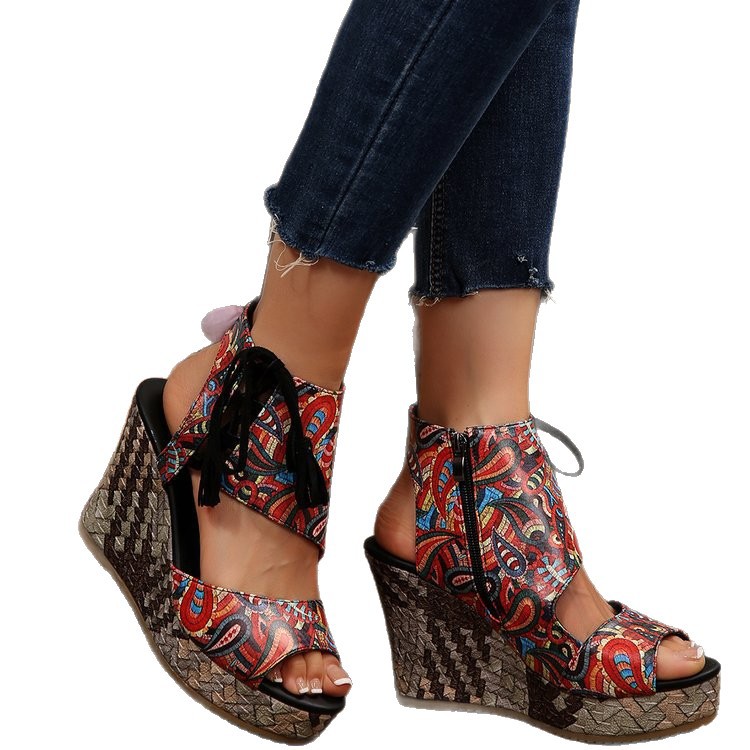 cross-border foreign trade plus size european and american wedge 2025 summer new tassel high heel peep toe platform muffin leopard print sandals women Item Picture