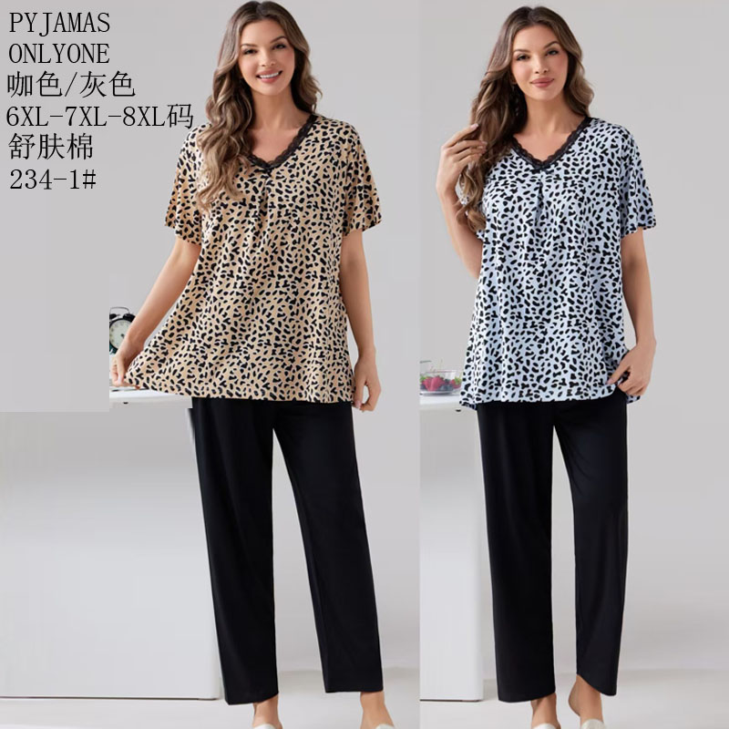女士家居服睡衣外销仿棉舒适PYJAMAS加肥加胖女款短袖套装外贸家居服冬季新款睡衣销售中东批发详情1