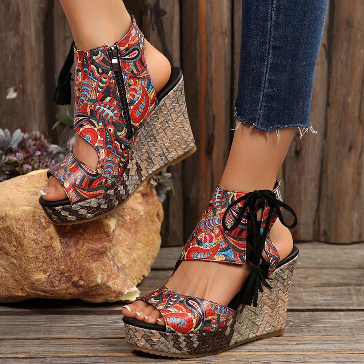 cross-border foreign trade plus size european and american wedge 2025 summer new tassel high heel peep toe platform muffin leopard print sandals women Specification drawing